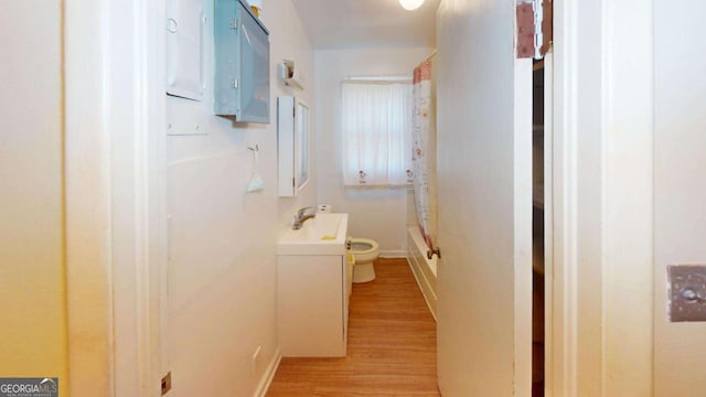 hall featuring a sink and light wood-style flooring