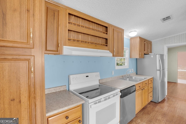 kitchen with stainless steel appliances, light countertops, under cabinet range hood, open shelves, and a sink