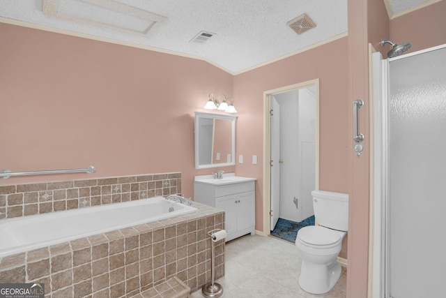 full bathroom with visible vents, vanity, toilet, and a textured ceiling