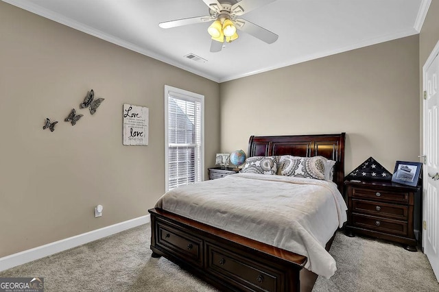 bedroom featuring crown molding, visible vents, light carpet, ceiling fan, and baseboards