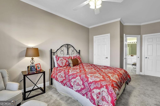 bedroom with ceiling fan, ornamental molding, ensuite bathroom, and light colored carpet