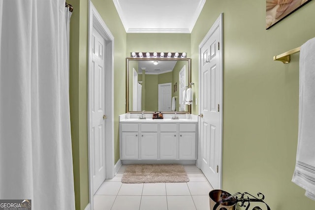 full bathroom with a sink, double vanity, ornamental molding, and tile patterned flooring