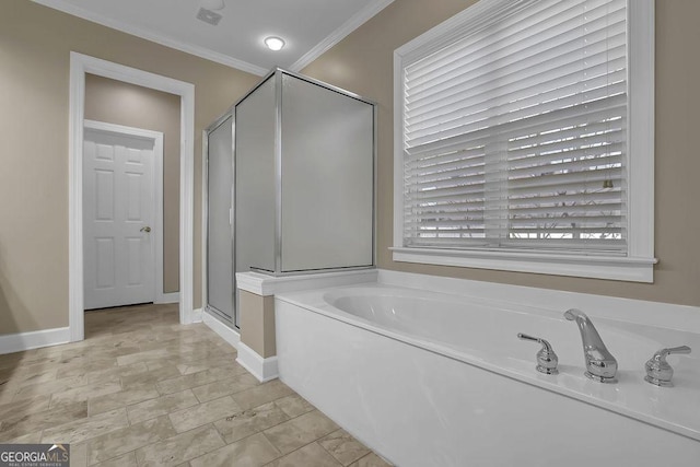 full bathroom featuring a stall shower, visible vents, baseboards, crown molding, and a bath