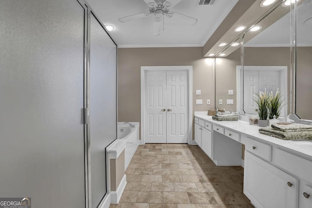 full bathroom featuring double vanity, visible vents, a ceiling fan, crown molding, and a bath