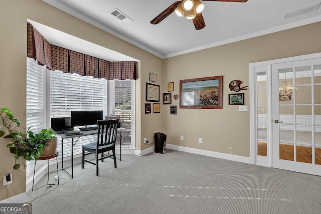 office featuring carpet floors, baseboards, visible vents, and ornamental molding