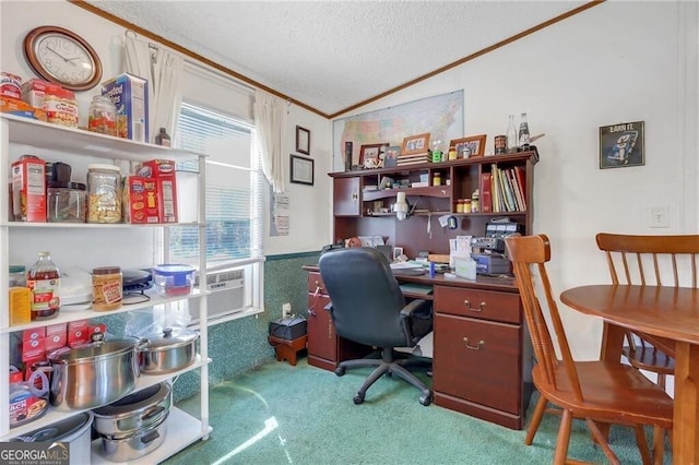 carpeted office with ornamental molding, wainscoting, vaulted ceiling, and a textured ceiling