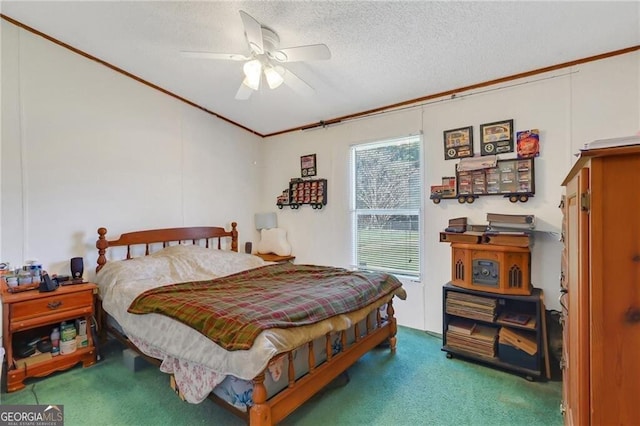 carpeted bedroom featuring a textured ceiling, ceiling fan, and ornamental molding