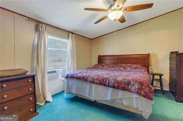 carpeted bedroom with a textured ceiling, cooling unit, a ceiling fan, vaulted ceiling, and ornamental molding