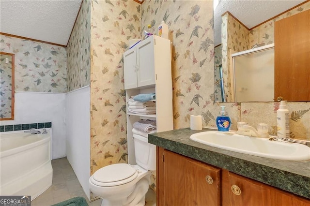 full bath with wallpapered walls, a textured ceiling, and vanity