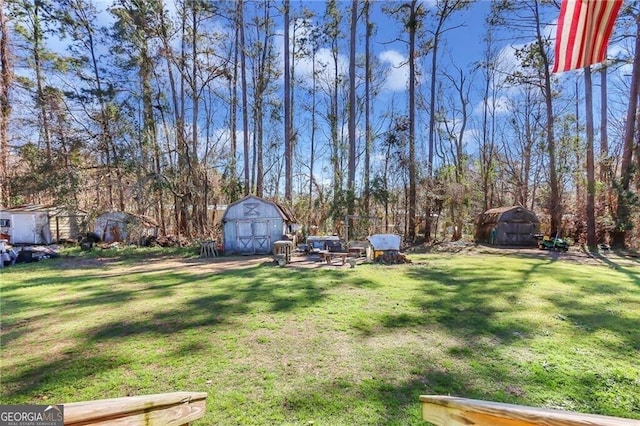 view of yard featuring an outdoor structure and a storage shed