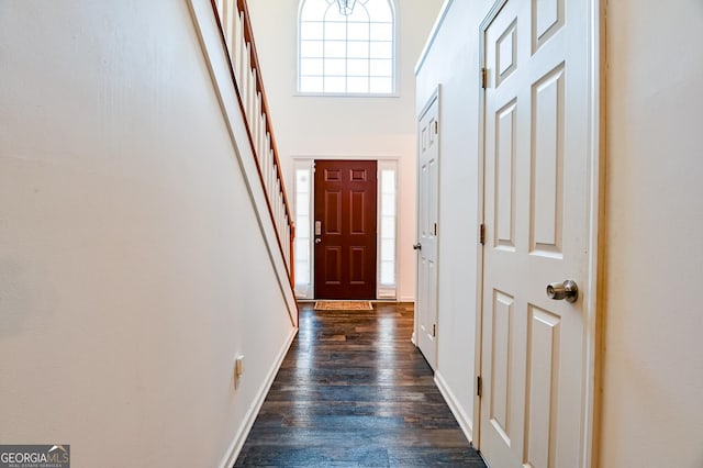 doorway featuring dark wood-type flooring, baseboards, and a high ceiling