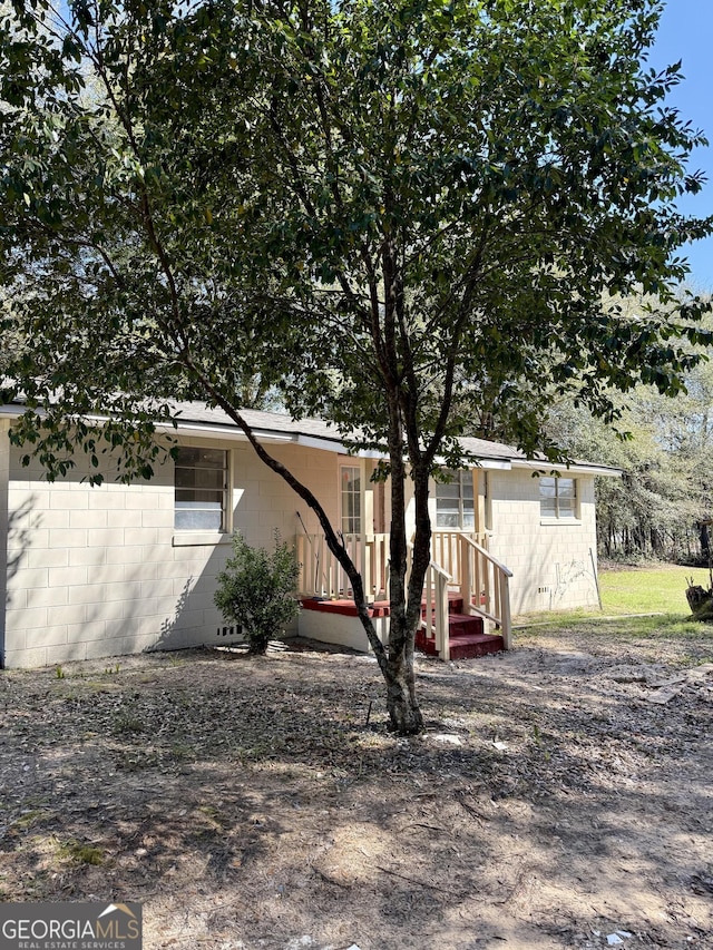 rear view of property with concrete block siding