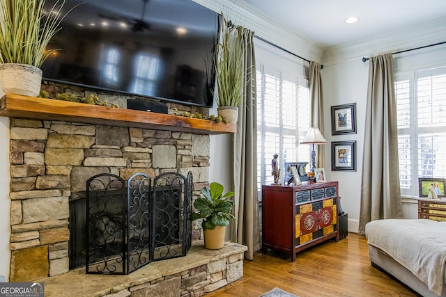 details featuring a stone fireplace, crown molding, and wood finished floors