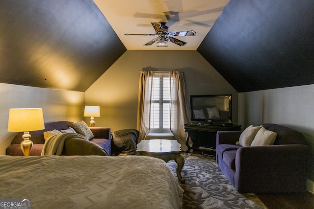 bedroom with a ceiling fan and vaulted ceiling