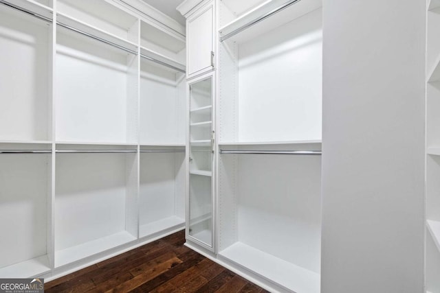 spacious closet with dark wood-style flooring