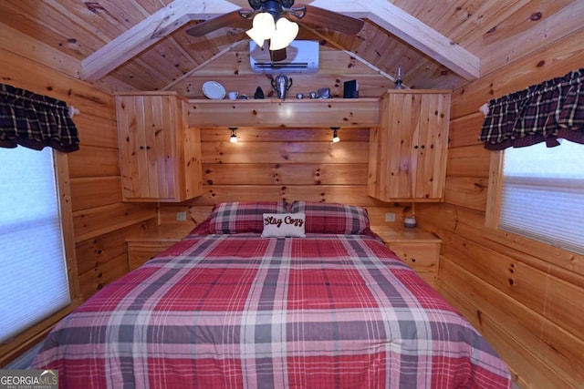 unfurnished bedroom with lofted ceiling with beams, wood walls, wood ceiling, and a wall mounted air conditioner