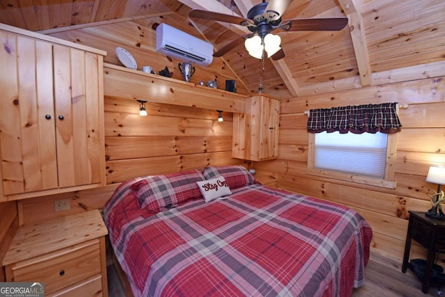 bedroom featuring wooden walls, lofted ceiling with beams, wood ceiling, wood finished floors, and a wall mounted air conditioner