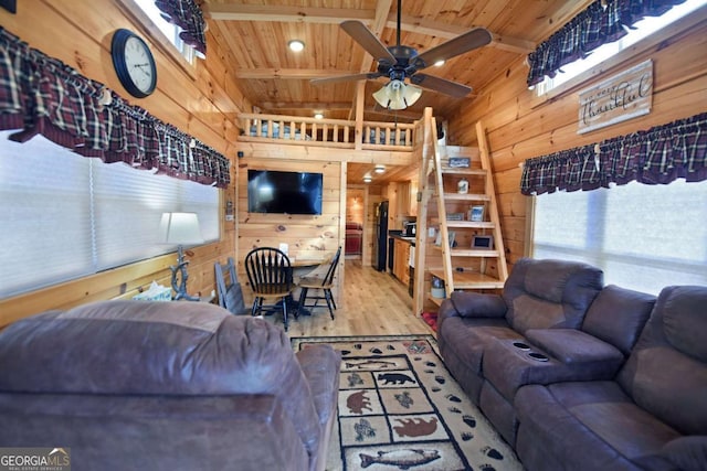 living room featuring vaulted ceiling with beams, wooden ceiling, and wooden walls