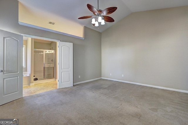 unfurnished bedroom with baseboards, light carpet, visible vents, and ensuite bath