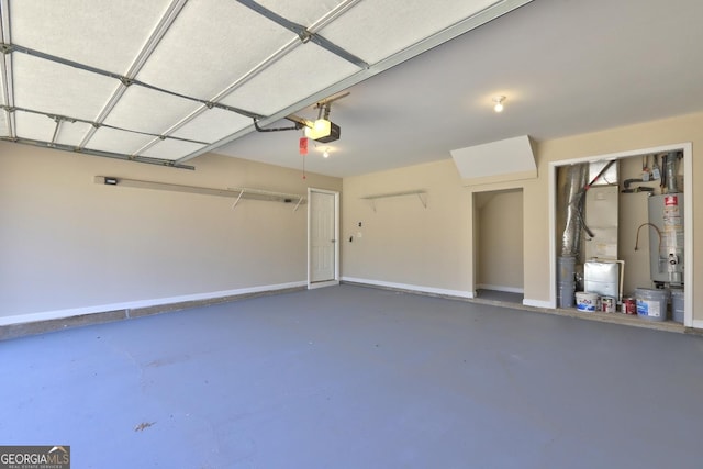 garage featuring a garage door opener, water heater, and baseboards