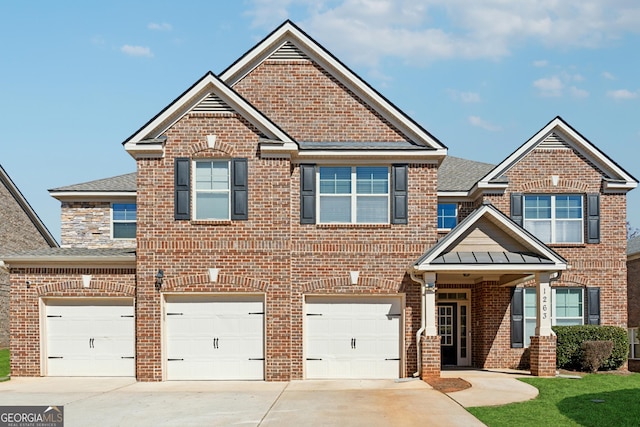 view of front of house featuring concrete driveway, brick siding, an attached garage, and roof with shingles