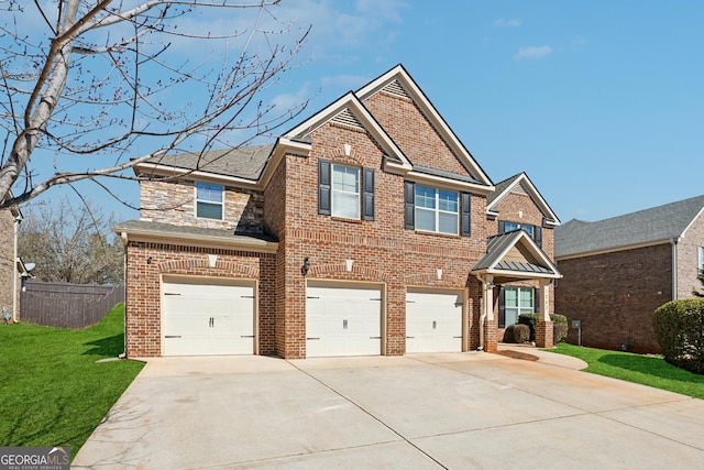 view of front of property featuring an attached garage, brick siding, fence, driveway, and a front lawn