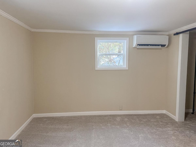 below grade area featuring light carpet, baseboards, ornamental molding, and an AC wall unit