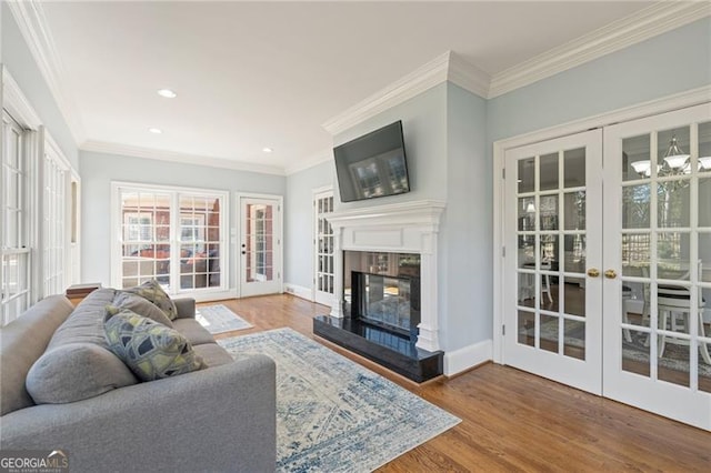 living room featuring a glass covered fireplace, french doors, crown molding, and wood finished floors