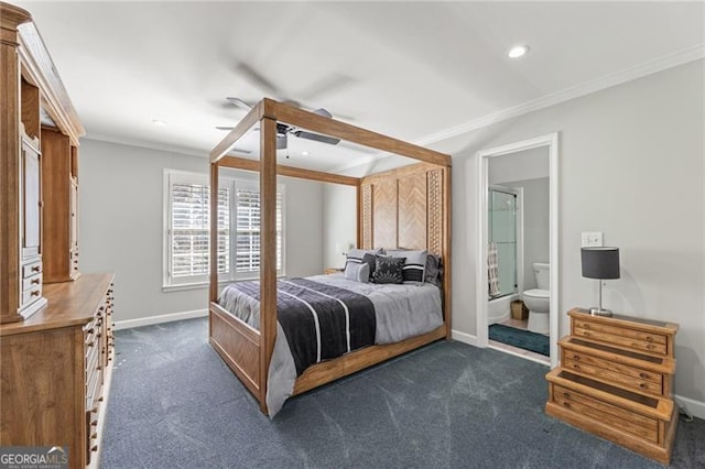 bedroom with baseboards, dark carpet, crown molding, and recessed lighting