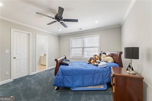 carpeted bedroom with ornamental molding, ceiling fan, baseboards, and ensuite bathroom