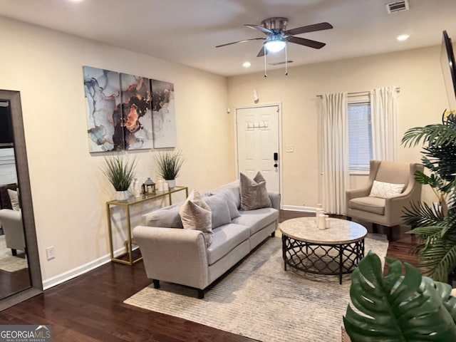 living room with a ceiling fan, baseboards, dark wood-style flooring, and recessed lighting