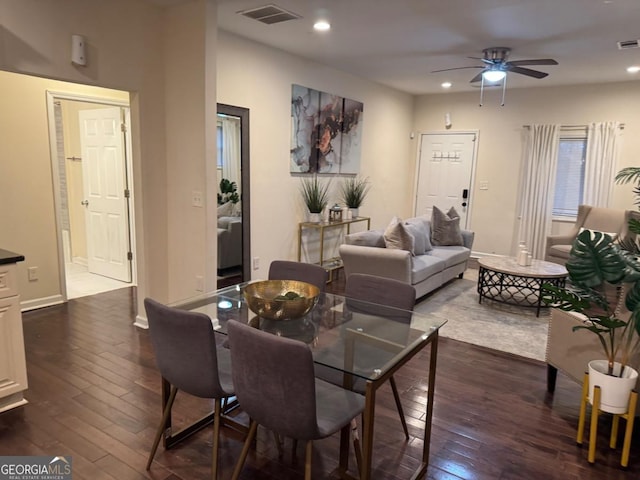 dining area with recessed lighting, visible vents, and dark wood finished floors