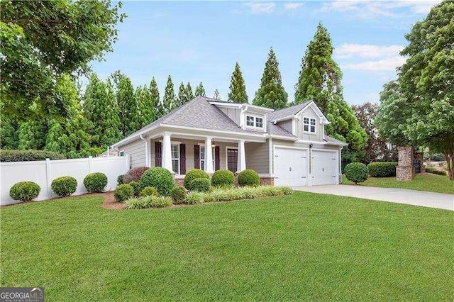 view of front facade with an attached garage, concrete driveway, a front yard, and fence