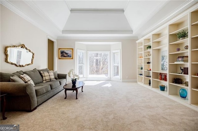 living area with ornamental molding, carpet, built in shelves, and a tray ceiling