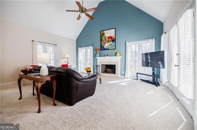 living room featuring carpet floors, a fireplace, and a healthy amount of sunlight