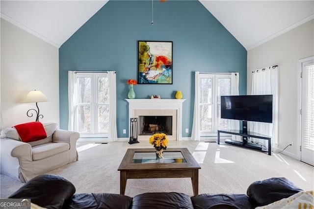 living room featuring high vaulted ceiling, a fireplace, baseboards, carpet, and crown molding