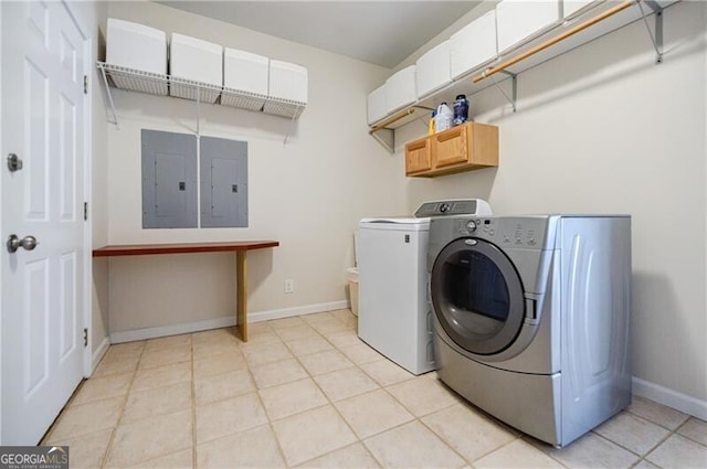 laundry area with washing machine and dryer, laundry area, electric panel, and baseboards