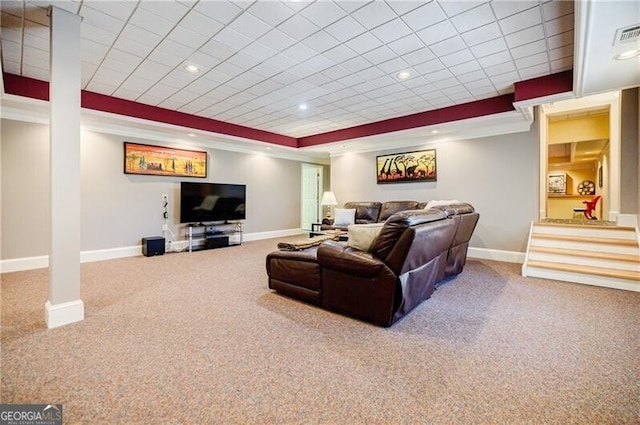 living area with recessed lighting, carpet flooring, stairway, and baseboards