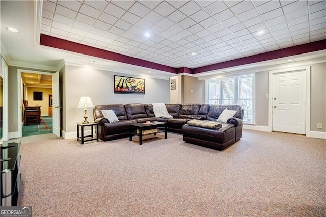 carpeted living room with baseboards, a raised ceiling, crown molding, and recessed lighting