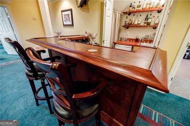 bar featuring indoor wet bar, carpet flooring, and black electric cooktop