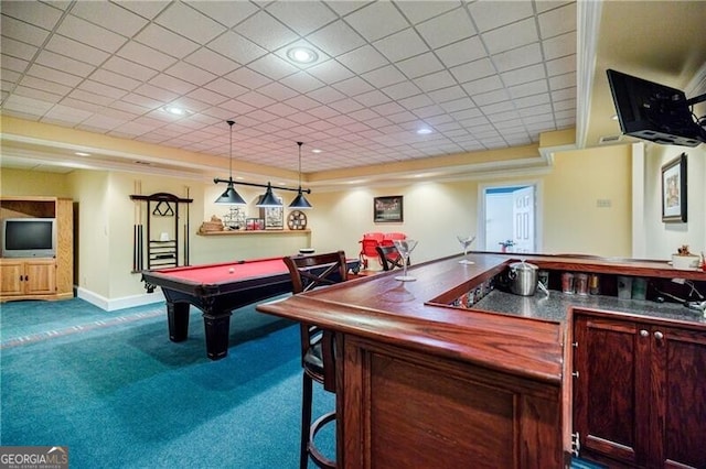 game room with carpet, baseboards, bar, and recessed lighting