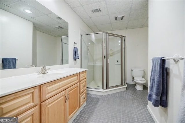 bathroom with visible vents, a shower stall, toilet, and tile patterned floors