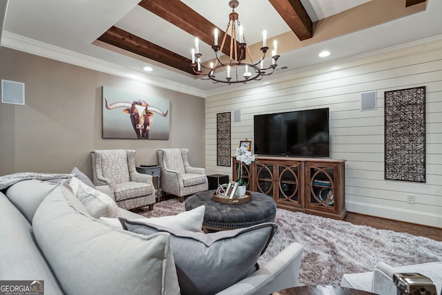 living room featuring baseboards, wood finished floors, crown molding, beam ceiling, and recessed lighting