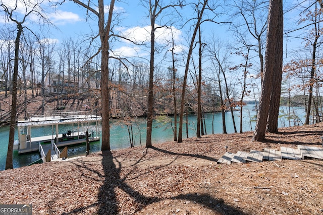 exterior space with a dock and a water view