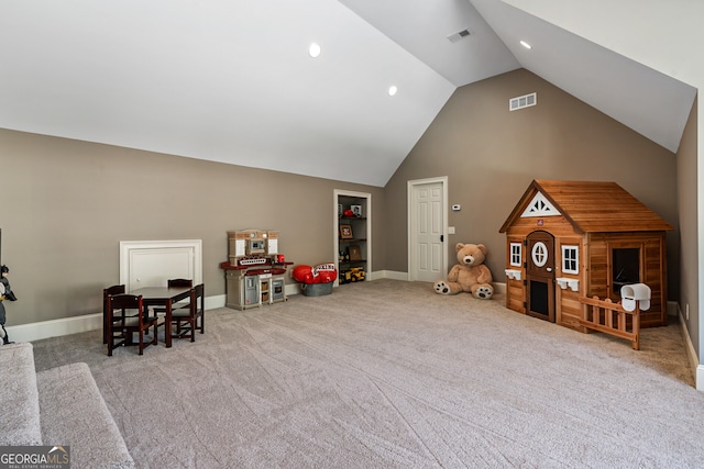 recreation room with high vaulted ceiling, baseboards, visible vents, and carpet flooring