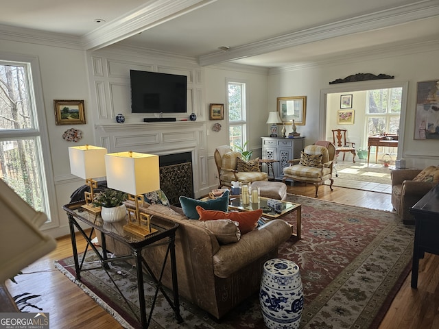 living area with ornamental molding, a fireplace, wood finished floors, and a decorative wall