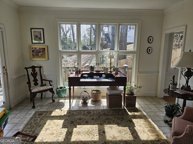 office area with ornamental molding, baseboards, and light tile patterned floors