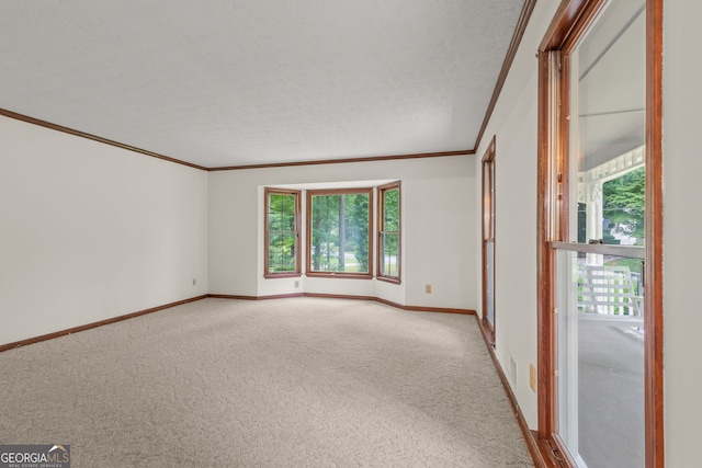 empty room with light carpet, baseboards, crown molding, and a textured ceiling