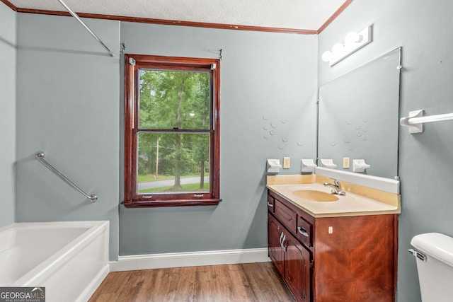 bathroom featuring toilet, vanity, wood finished floors, and a wealth of natural light