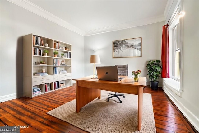 office space featuring crown molding, dark wood finished floors, and baseboards